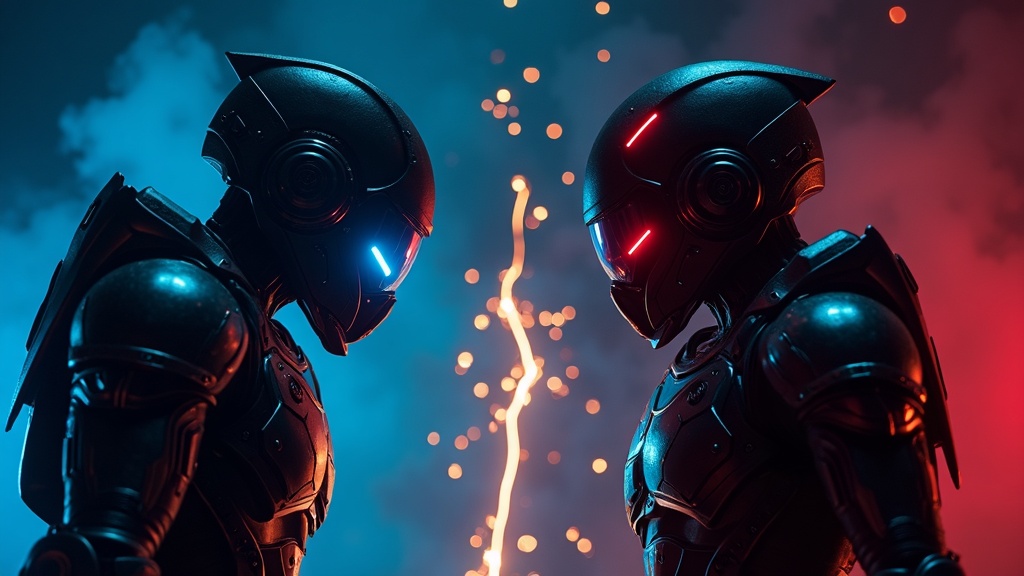 Quickdraw keyframe: two duelists facing off across a dark arena